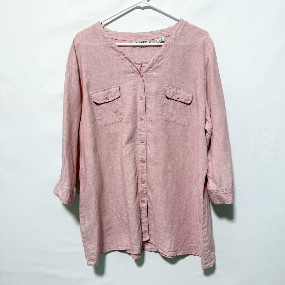 Orvis Women’s XL 100% Linen Pink Button Front Tunic Shirt 3/4 Sleeve Pockets
